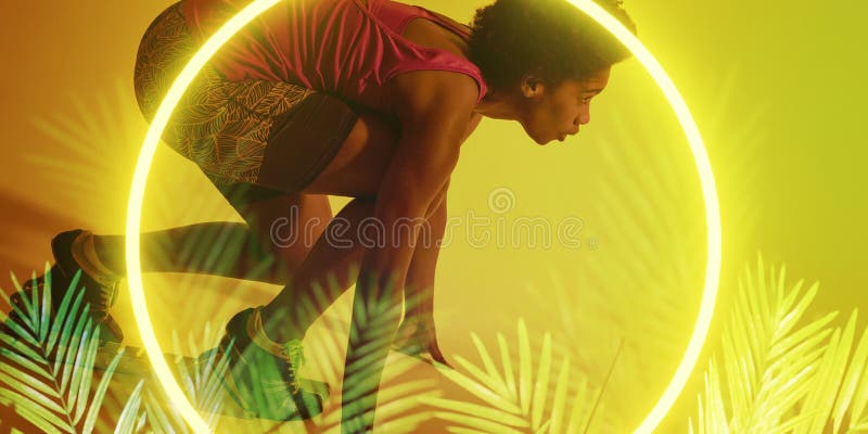 Hexágono iluminado e plantas sobre a dobra de atleta africana-americana na posição inicial imagem de stock