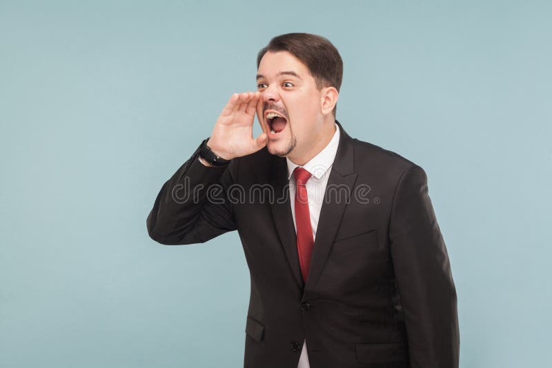 Hey iemand! De schreeuw en de vrees van de zorgzakenman stock afbeelding Hey iemand! De schreeuw en de vrees van de zorgzakenman stock afbeelding