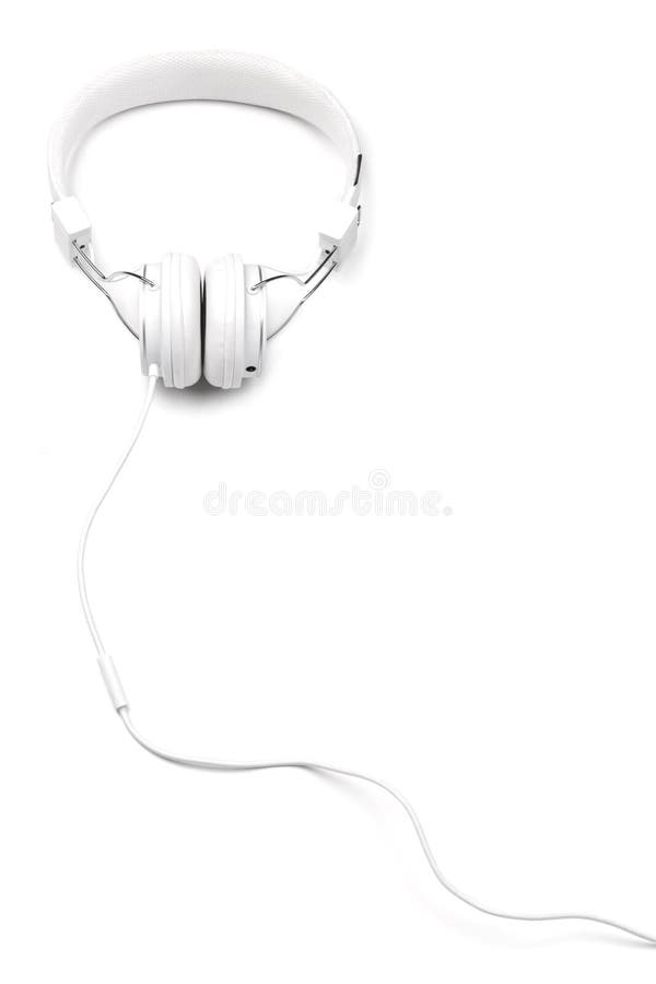 White elegance headfones with cord isolated on white background. White on white series. Vertical composition. White elegance headfones with cord isolated on white background. White on white series. Vertical composition.