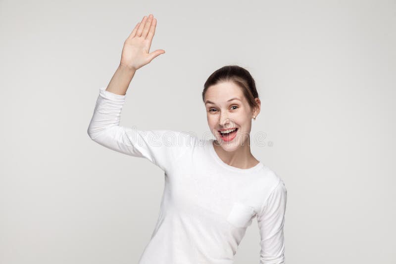 Hi! How are you? Happiness woman showing hello sign royalty free stock image Hi! How are you? Happiness woman showing hello sign royalty free stock image