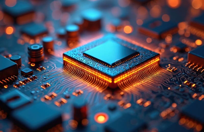 Hi-res close-up of computer chip on circuit board. Orange glowing connections, blue reflection on chip. Tech innovation, data stock image