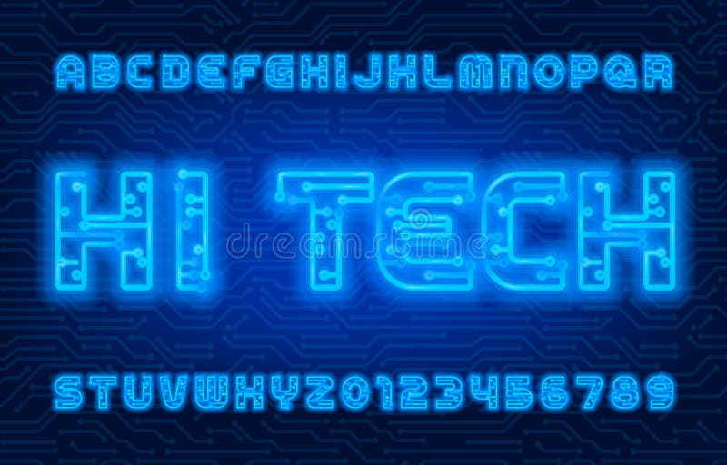 Hi Tech alphabet font. Neon color letters and numbers. vector illustration