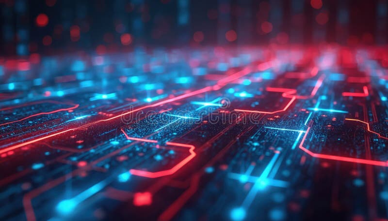 Hi-tech background with glowing red, blue circuits. Futuristic technology visualization digital age, cyberspace, big data royalty free stock images