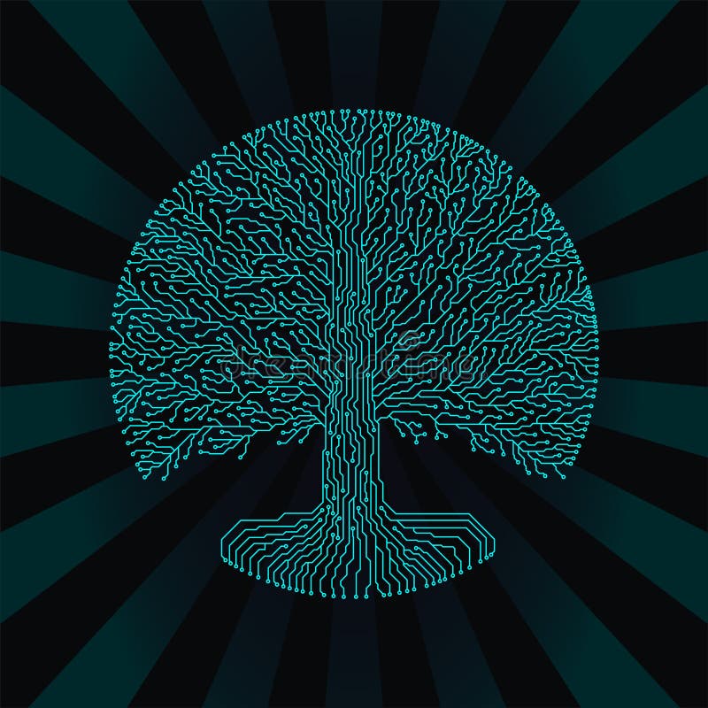 Hi-tech circuit style round yggdrasil tree. Cyberpunk futuristic design. stock illustration