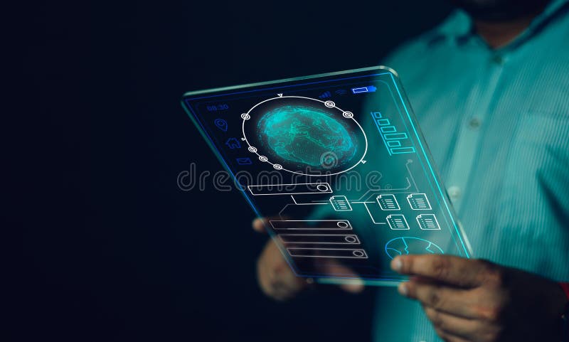 Hi Tech futuristic user interface head up display screen with digital data and information display and technology network royalty free stock photo