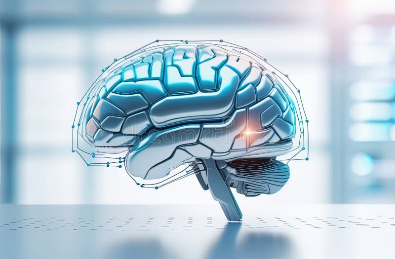 Hi tech illustration of futuristic robotics brains shaped as human brains, sci fi or science blurred background stock photography