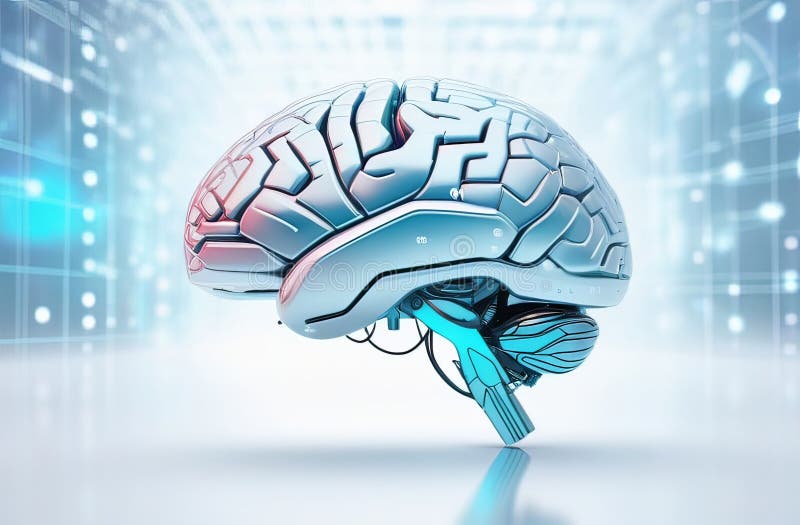 Hi tech illustration of futuristic robotics brains shaped as human brains, sci fi or science blurred background royalty free stock photo