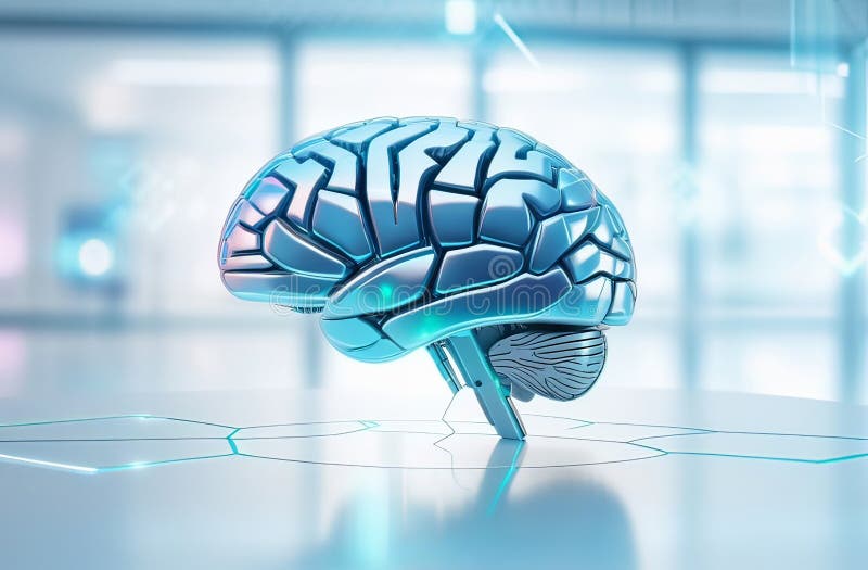 Hi tech illustration of futuristic robotics brains shaped as human brains, sci fi or science blurred background stock image