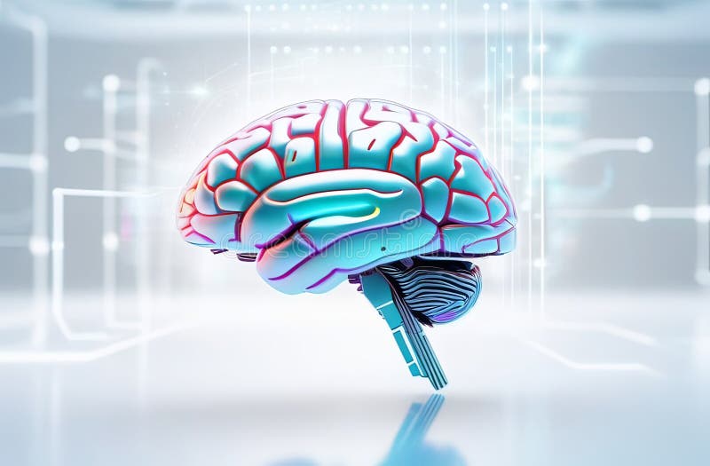 Hi tech illustration of futuristic robotics brains shaped as human brains, sci fi or science blurred background royalty free stock images