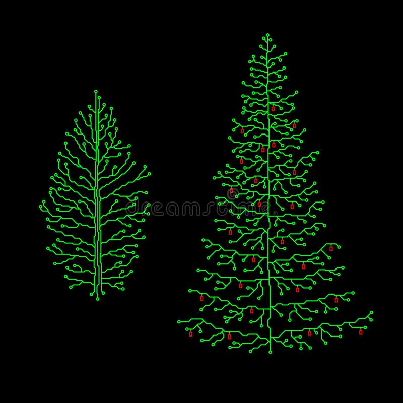 Hi-tech microchip Christmas tree set. Circuit style, image vector illustration