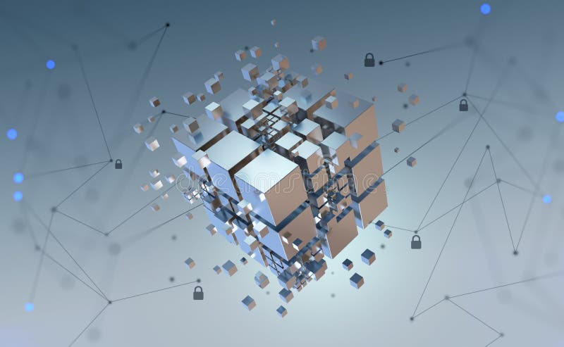 Hi-tech Square blocks are collected in a cubic array against the background of information fields. 3d illustration of blockchain abstract concept. Artificial intelligence learnability