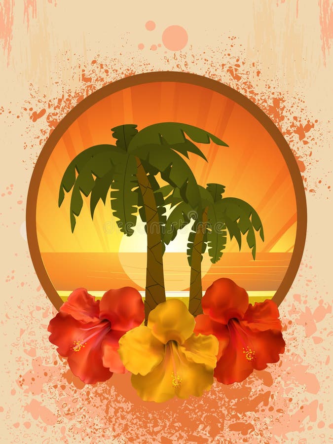 Hibiscus flowers and palm trees