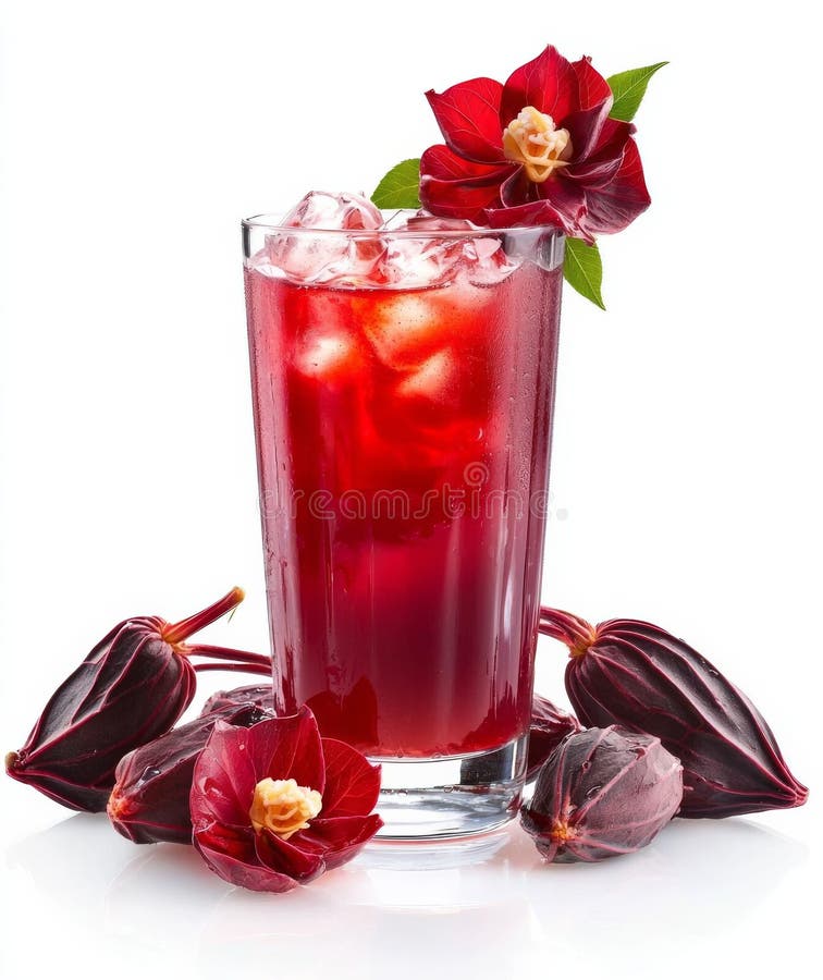 Hibiscus Iced Tea Glass Flower Ice kubes isolerade på vit bakgrund Hibiscus Drink Refroshing stock illustrationer