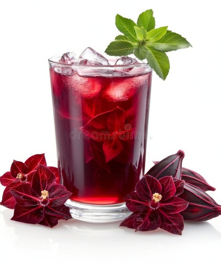 Hibiscus Iced Tea Glass Flowers and Ice Isolated on White Background Beverage Drink vektor illustrationer