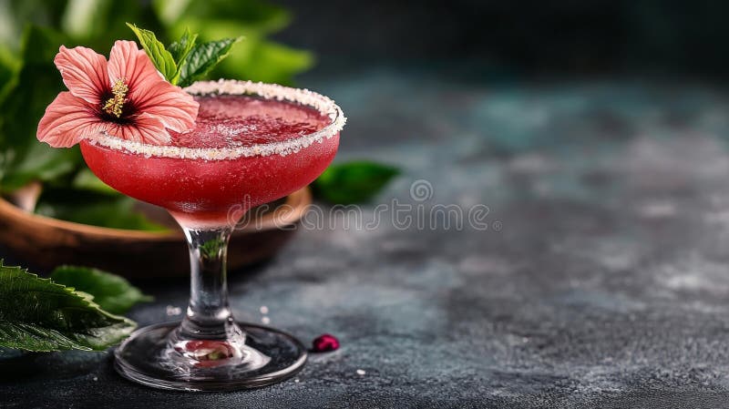 Hibiscus Margarita i ett saltat glas med en Floral Garnish royaltyfri illustrationer