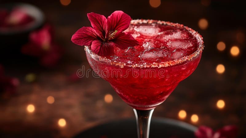 A Hibiscus Margarita med en Elegant Floral Garnish i ett stilt glas stock illustrationer