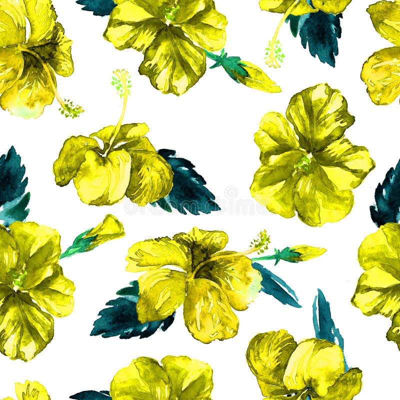 Watercolor Seamless Pattern. Hand Painted Illustration of Tropical Leaves and Flowers. Tropic Summer Motif with Hibiscus Pattern. stock illustration Watercolor Seamless Pattern. Hand Painted Illustration of Tropical Leaves and Flowers. Tropic Summer Motif with Hibiscus Pattern. stock illustration