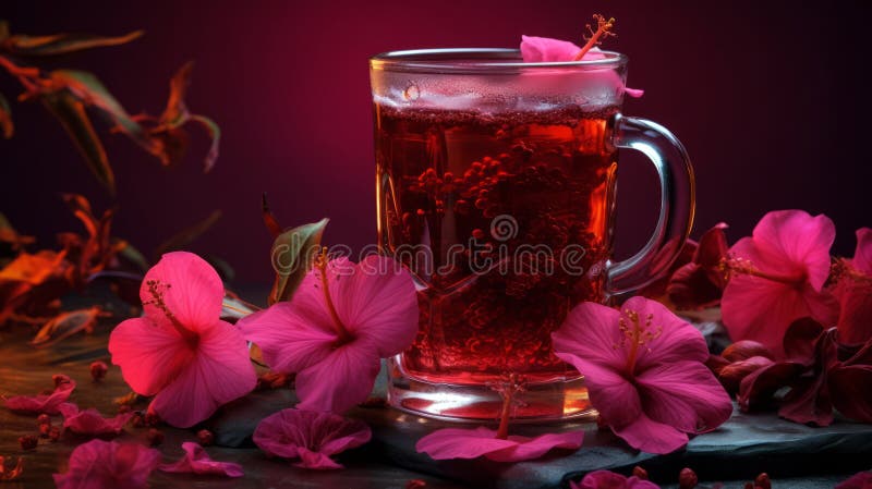 Hibiscus te i en glaskopp på en mörkrosa bakgrund stock illustrationer