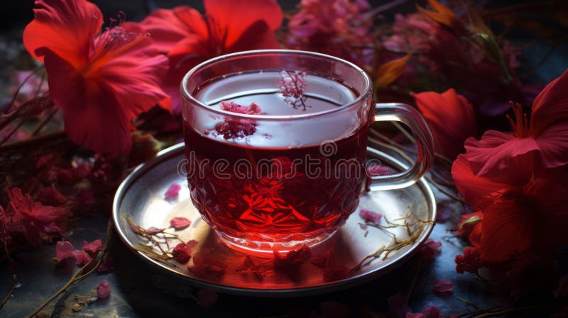 Hibiscus te i en glasmugg med blommor stock illustrationer