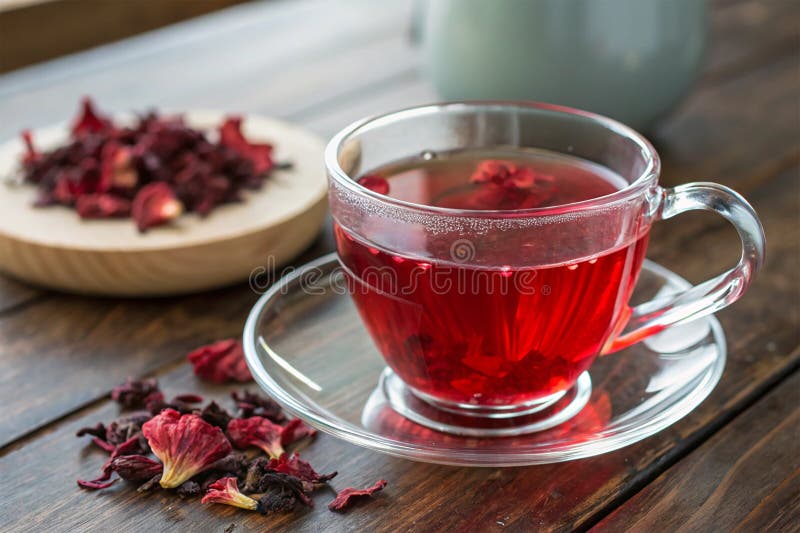 Hibiscus te i en klar glasteacup royaltyfri illustrationer