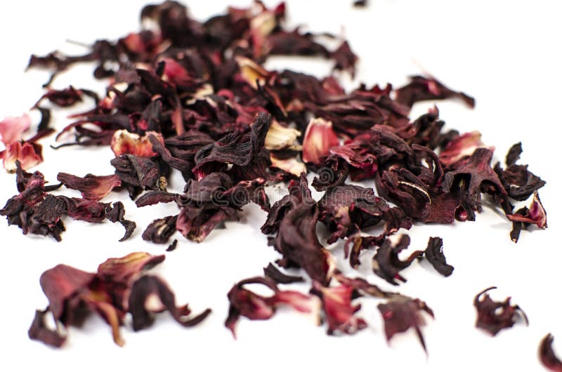 Hibiscus Tea. Herbal Tea. Dry Tea Leaves Isolated on White Background