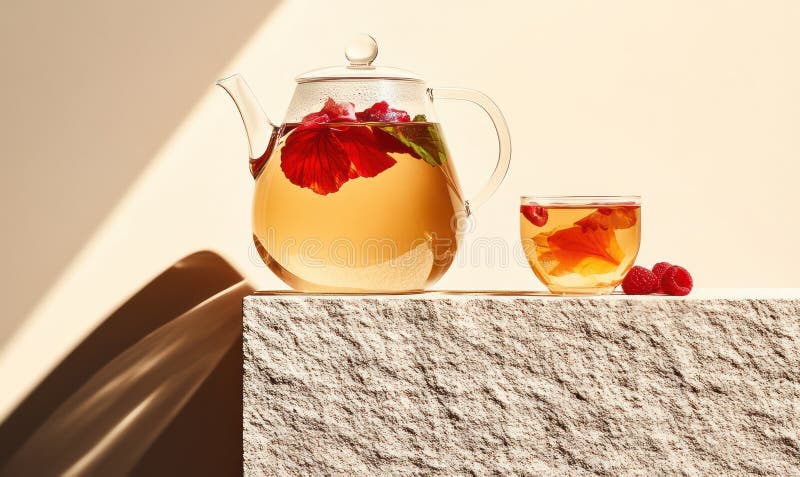Hibiscus και raspberry βότανα τσάι ζεστό βιταμίνη ρόφημα μινιιστικό αντίγραφο παρουσίαση εικόνα παραγόμενη από την AI στοκ φωτογραφία