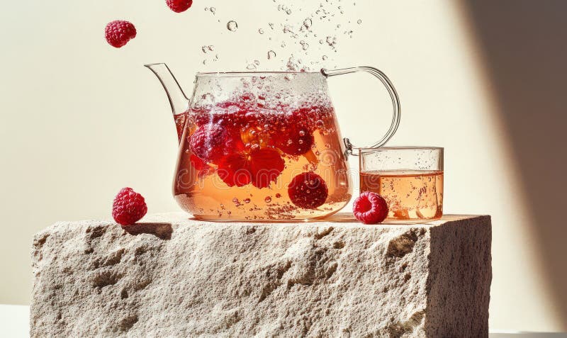 Hibiscus και raspberry βότανα τσάι ζεστό βιταμίνη ρόφημα μινιιστικό αντίγραφο παρουσίαση εικόνα παραγόμενη από την AI στοκ εικόνα