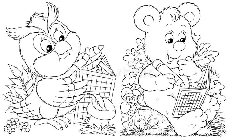Black-and-white illustration for a coloring book: owl and bear sitting on a stump solve crosswords. Black-and-white illustration for a coloring book: owl and bear sitting on a stump solve crosswords