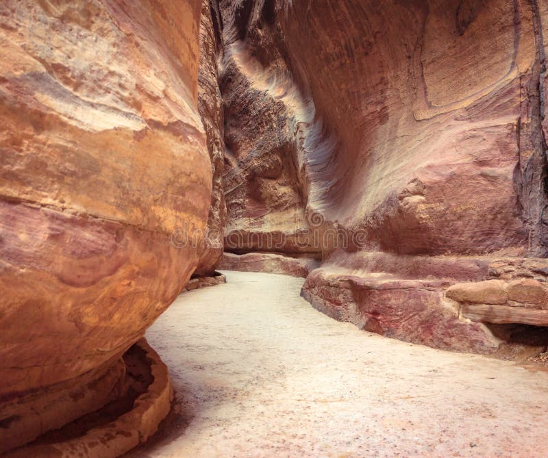 Hidden city of Petra canyon royalty free stock photo