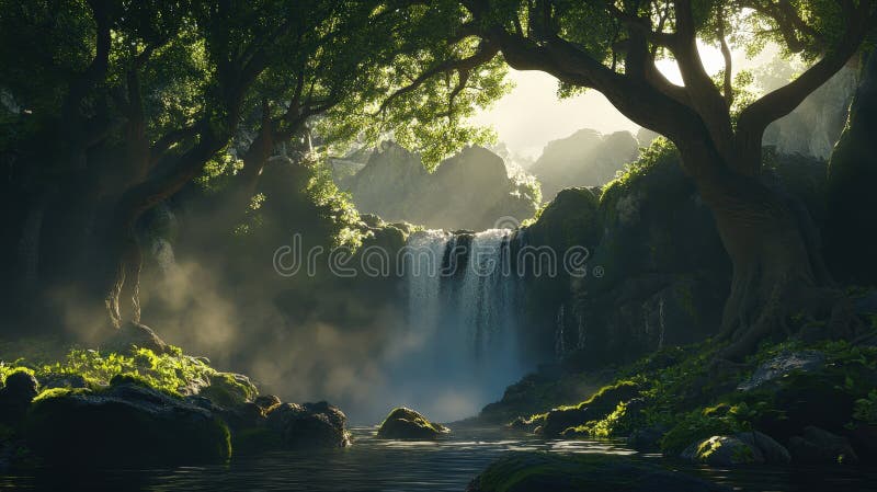 Hidden forest waterfall under ancient trees royalty free stock image