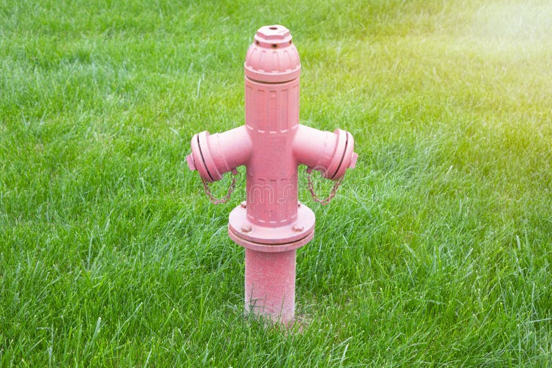 Hidrant roșu stins într-un câmp de iarbă proaspăt tăiat royalty free stock images