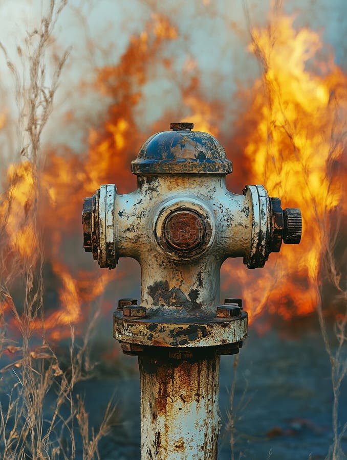 Hidrantul de incendiu se află în spatele flăcărilor într-o zonă dereglată, subliniind caracterul său inutil în criză royalty free stock photography