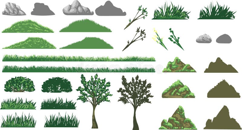 Hierba, árbol y colinas fijados libre illustration Hierba, árbol y colinas fijados libre illustration