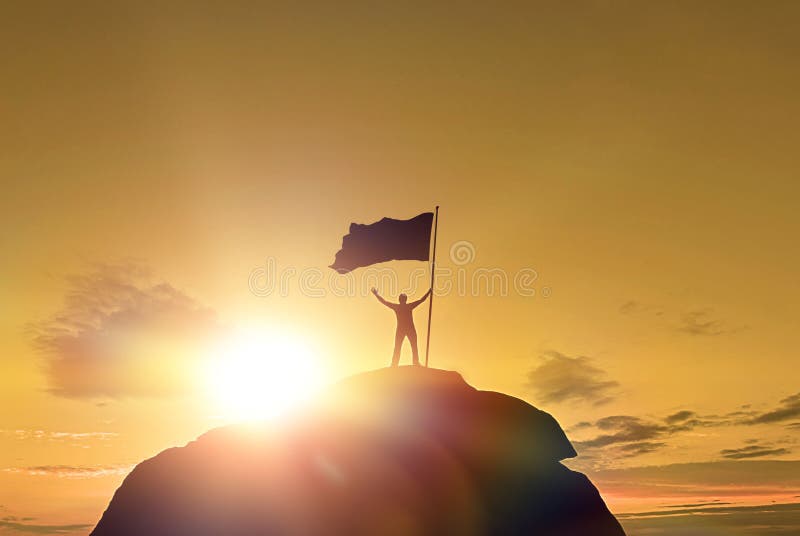 High achievement, silhouettes of men, victory flag on top of the mountain, hands up.