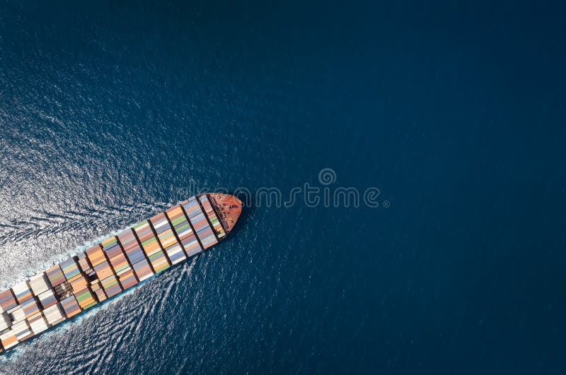 High aerial top down view of a large container cargo ship royalty free stock image