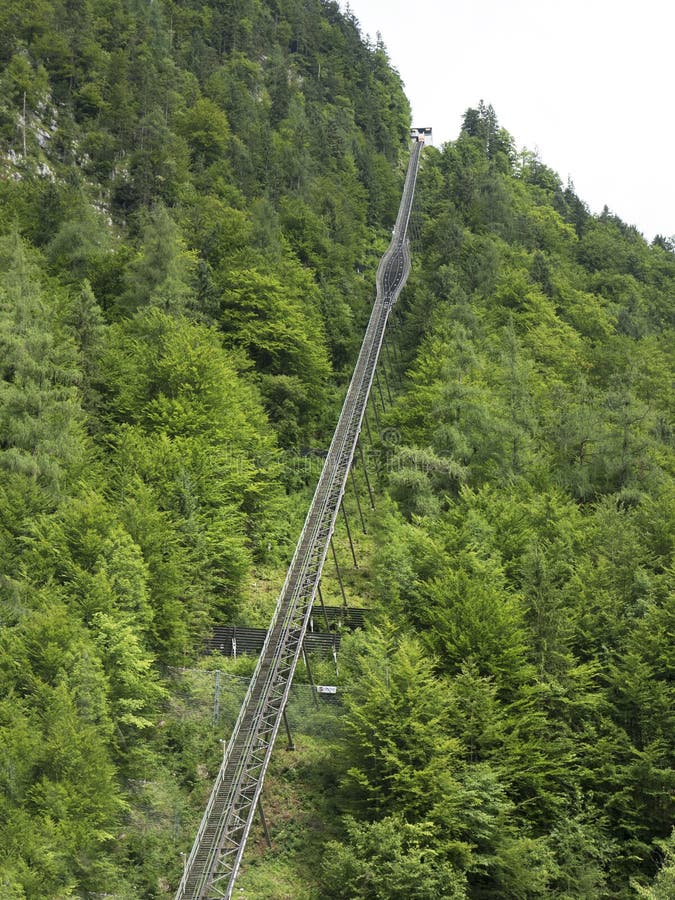 High-altitude cog railway, rail lift in Hallstatt. Mountain lake, Alpine massif, beautiful canyon in Austria. stock photography High-altitude cog railway, rail lift in Hallstatt. Mountain lake, Alpine massif, beautiful canyon in Austria. stock photography
