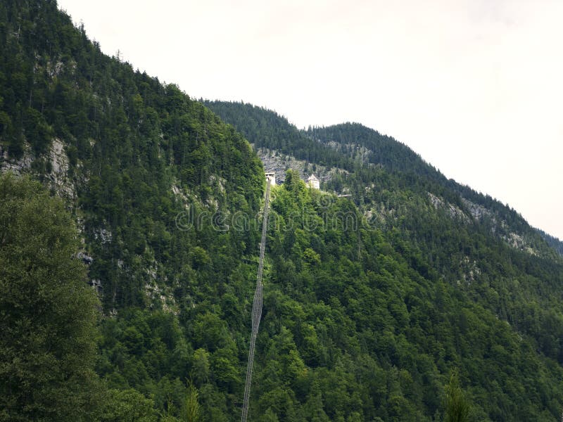 High-altitude cog railway, rail lift in Hallstatt. Mountain lake, Alpine massif, beautiful canyon in Austria. royalty free stock photo High-altitude cog railway, rail lift in Hallstatt. Mountain lake, Alpine massif, beautiful canyon in Austria. royalty free stock photo
