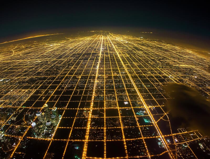Rețea urbană pe timp de noapte : vedere aeriană a luminilor orășenești royalty free stock photo