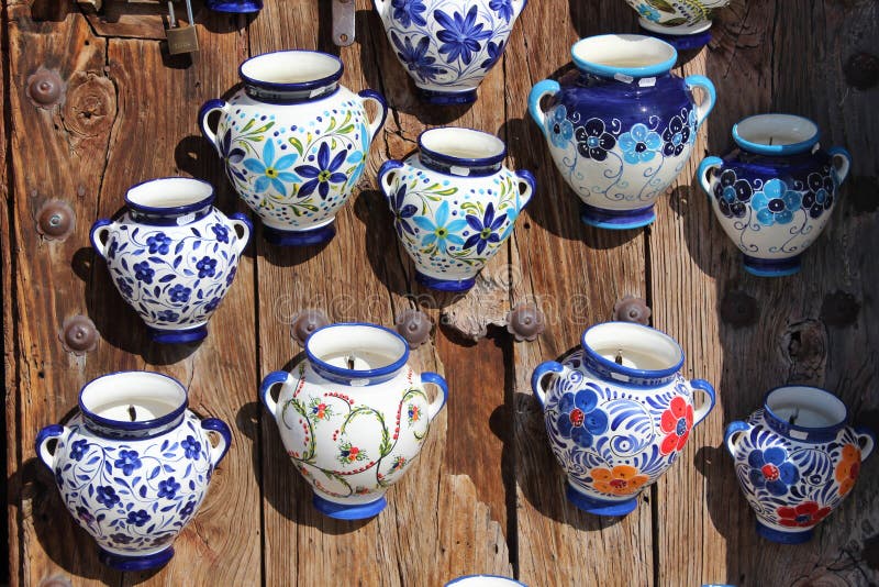 High Angle Shot of Blue and White Traditional Spanish Ceramic Pots