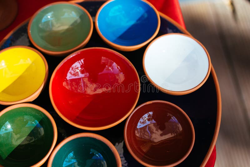 High angle shot of colorful bowls on a tray royalty free stock image