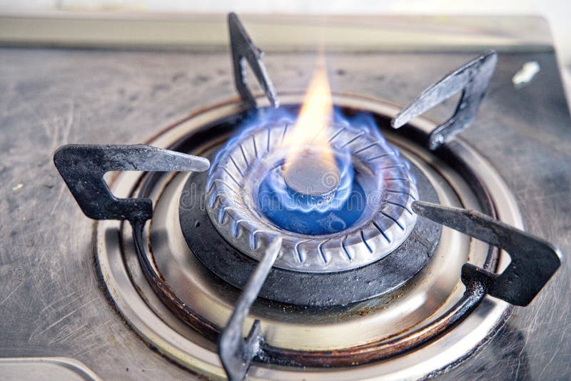 High Angle Shot of the Flames of Fire on a Metal Stove in a Kitchen Stock Photo Image of