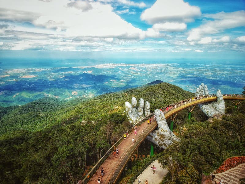 High angle shot of a Golden Bridge, Ba Na Hills, Da Nang, Vietnam