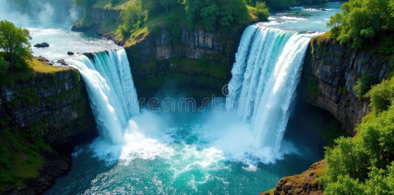 High angle shot of powerful waterfall plunging into pool below, spray, water royalty free illustration