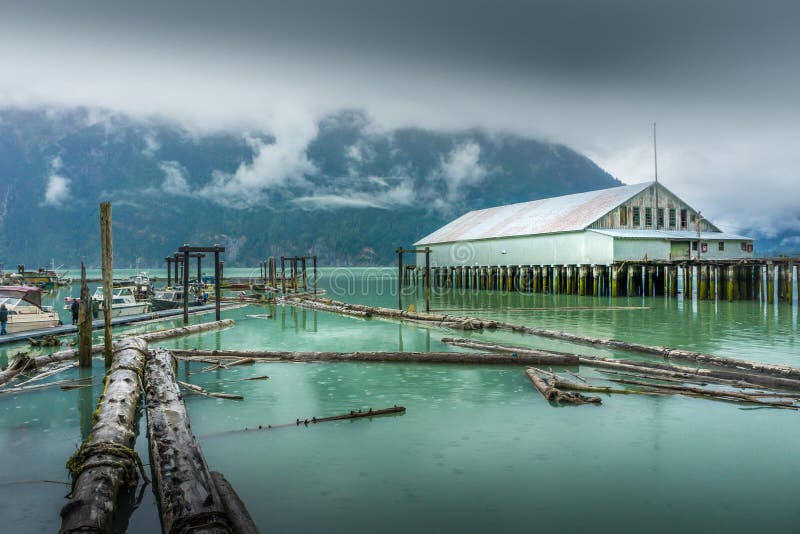 High angle shot of the Queen Charlotte Sound, Bella Coola, in Canada under the cloudy sky royalty free stock photography