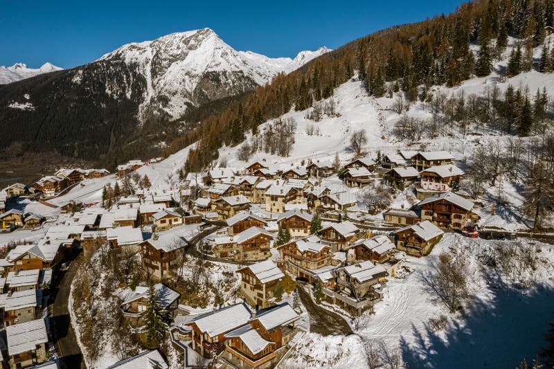 High angle shot of the snowy Wintersport village, Sainte-Foy-Tarentaise in the Alps in France
