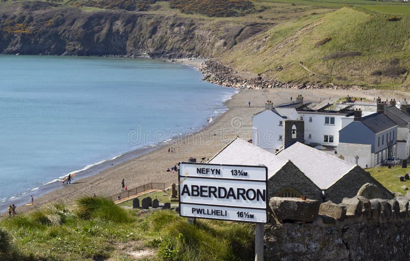 High angle view of Aberdaron village, Wales. Landscape of bay and beach.