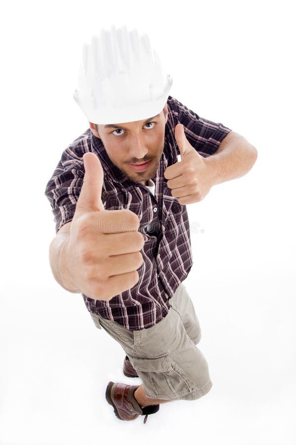 High angle view of architect showing thumbs up