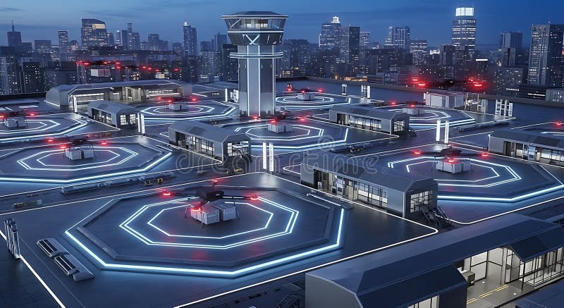 Futuristic Urban Drone Port at Night vector illustration