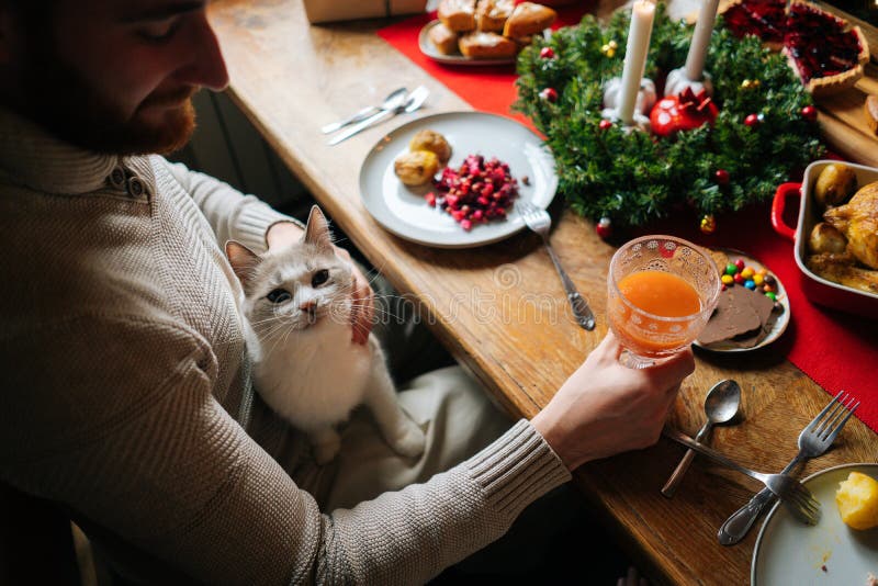High-angle view of handsome bearded young man sitting at festive table with cat on lap and holding glass of fresh juice