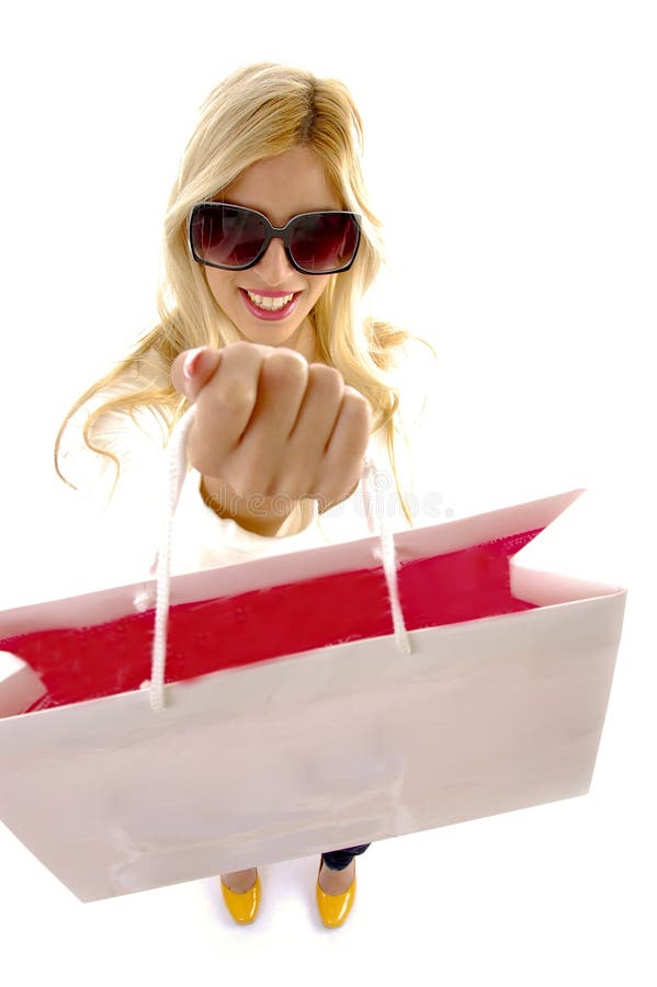 High angle view of happy woman with shopping bags